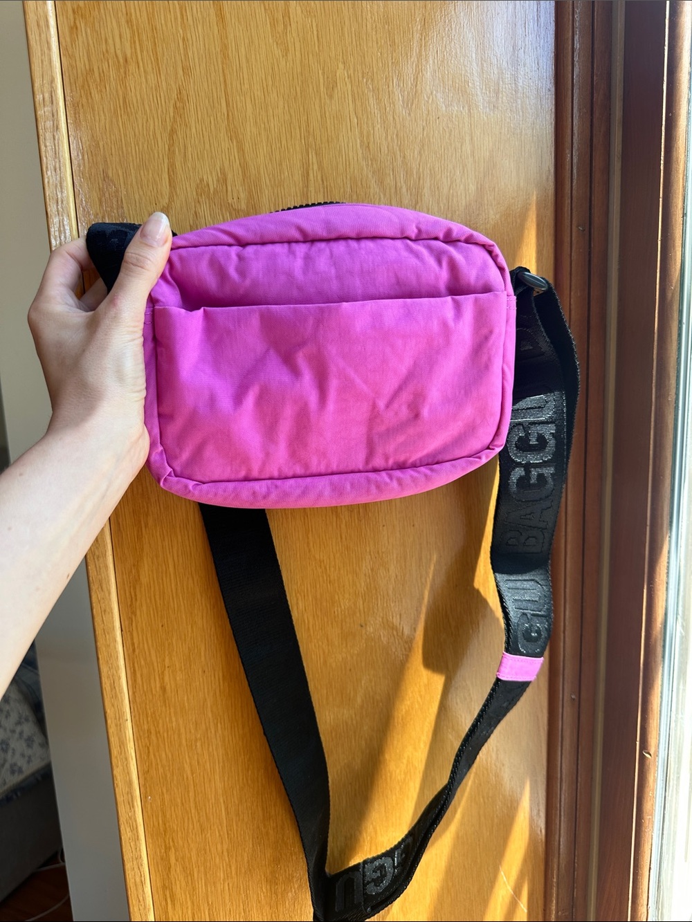 BAGGU Hot Pink Crossbody Camera Bag with Black Strap